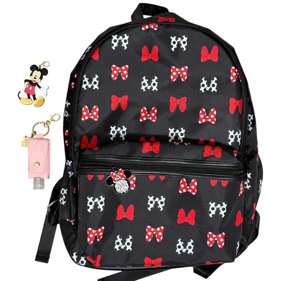 Disney Parks Minnie Mouse Bows Black Backpack Mickey Fob & Princess Sanitizer - Picture 1 of 10